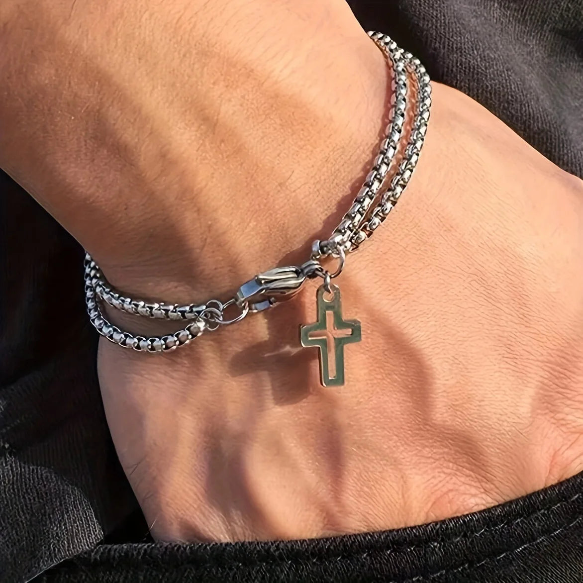 Pulsera inoxidable doble y cruz calada