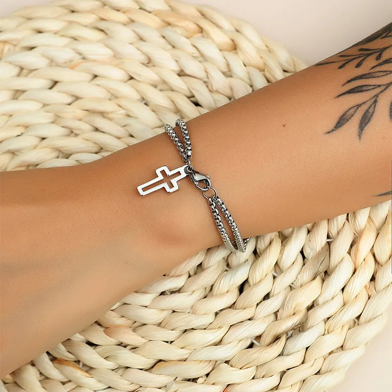 Pulsera inoxidable doble y cruz calada
