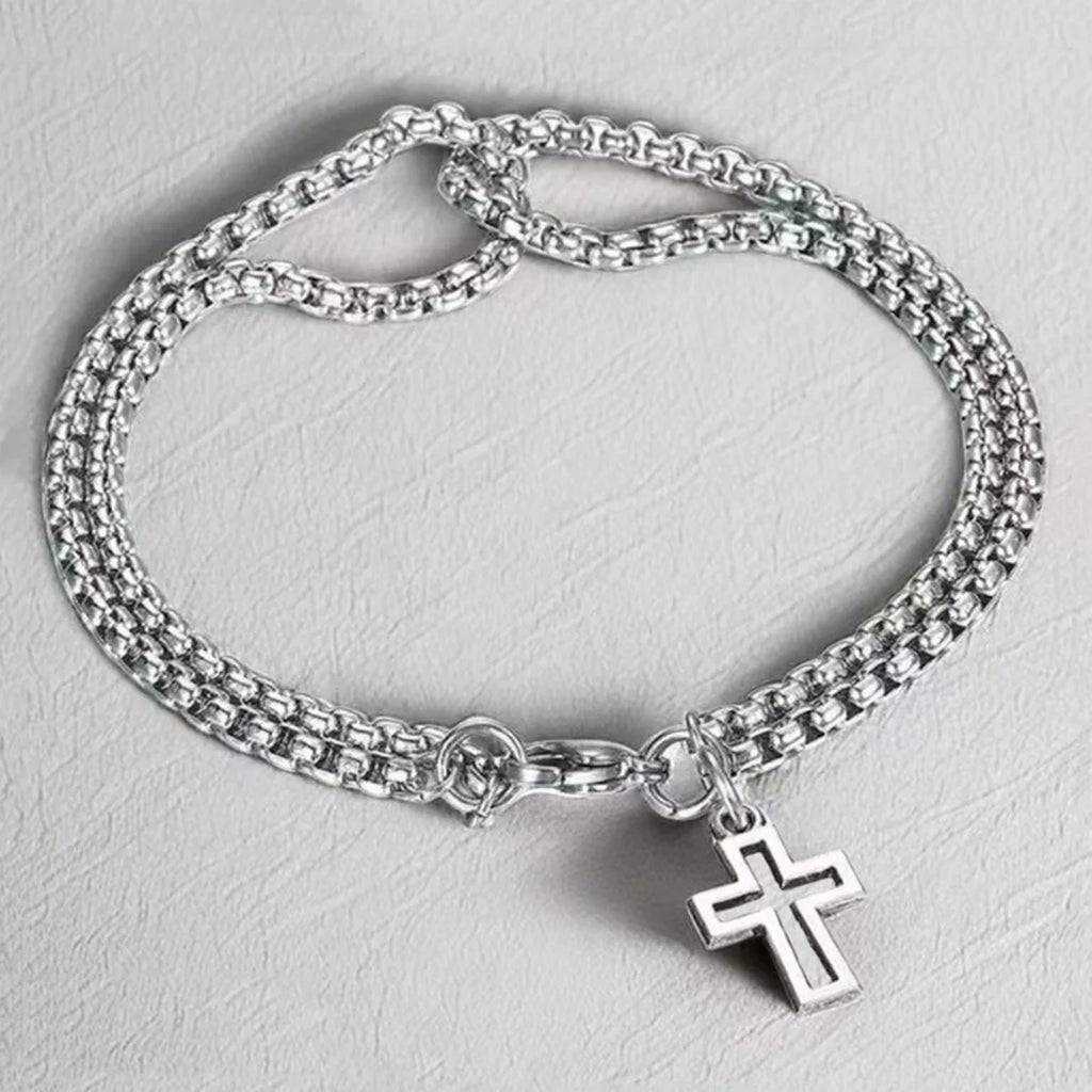 Pulsera inoxidable doble y cruz calada