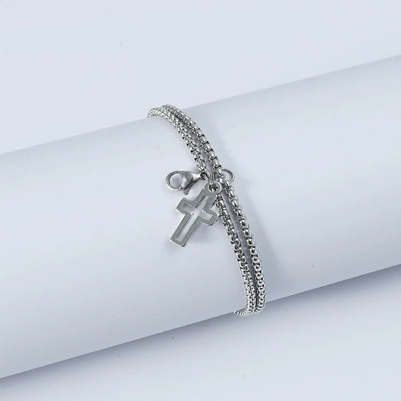 Pulsera inoxidable doble y cruz calada